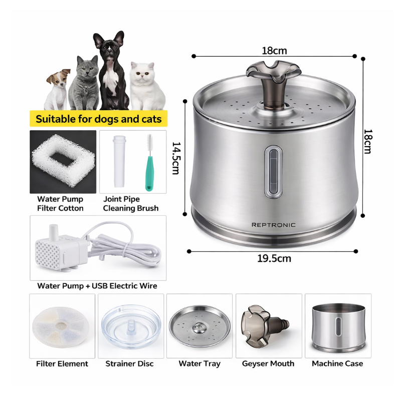 2.5L SS Fountain with water level window, filters & Cleaning kit-Value Pack