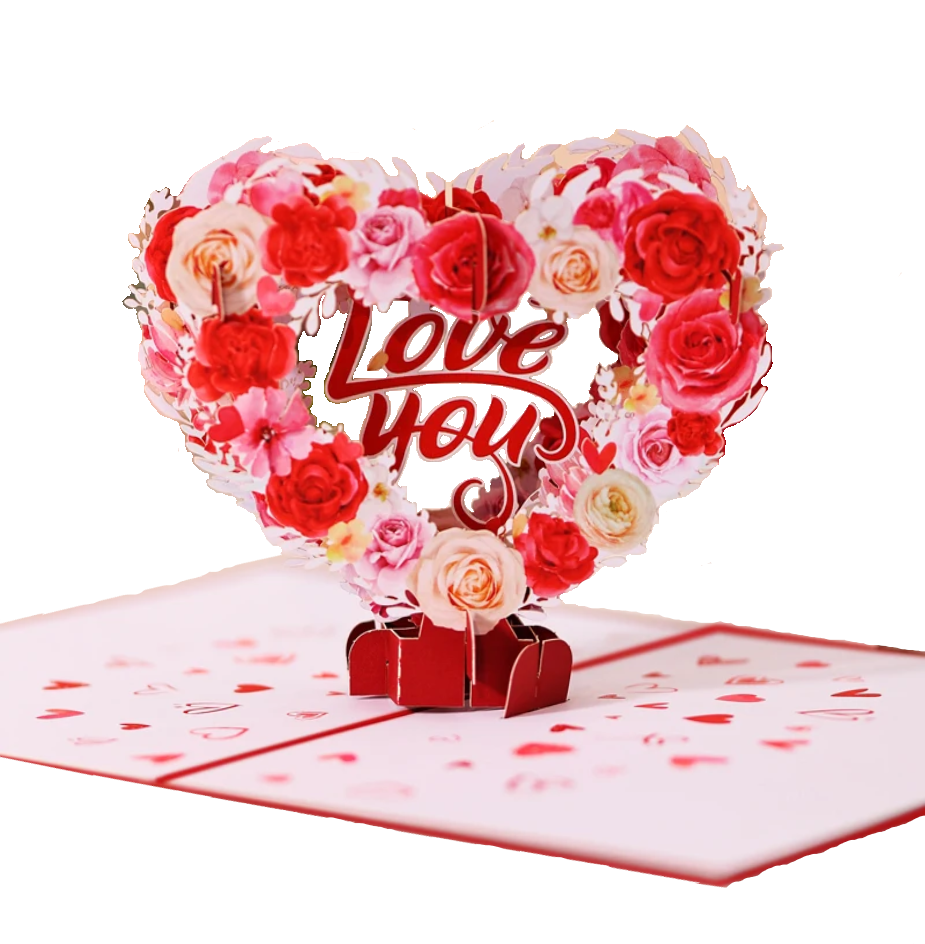 Beautiful Love you with Roses in a Heart form Pop up 3D card with envelope