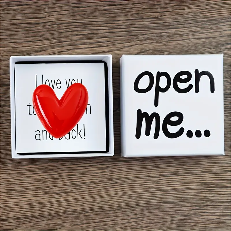 Message in a box with a Red Resin Heart: I love you to the moon & back