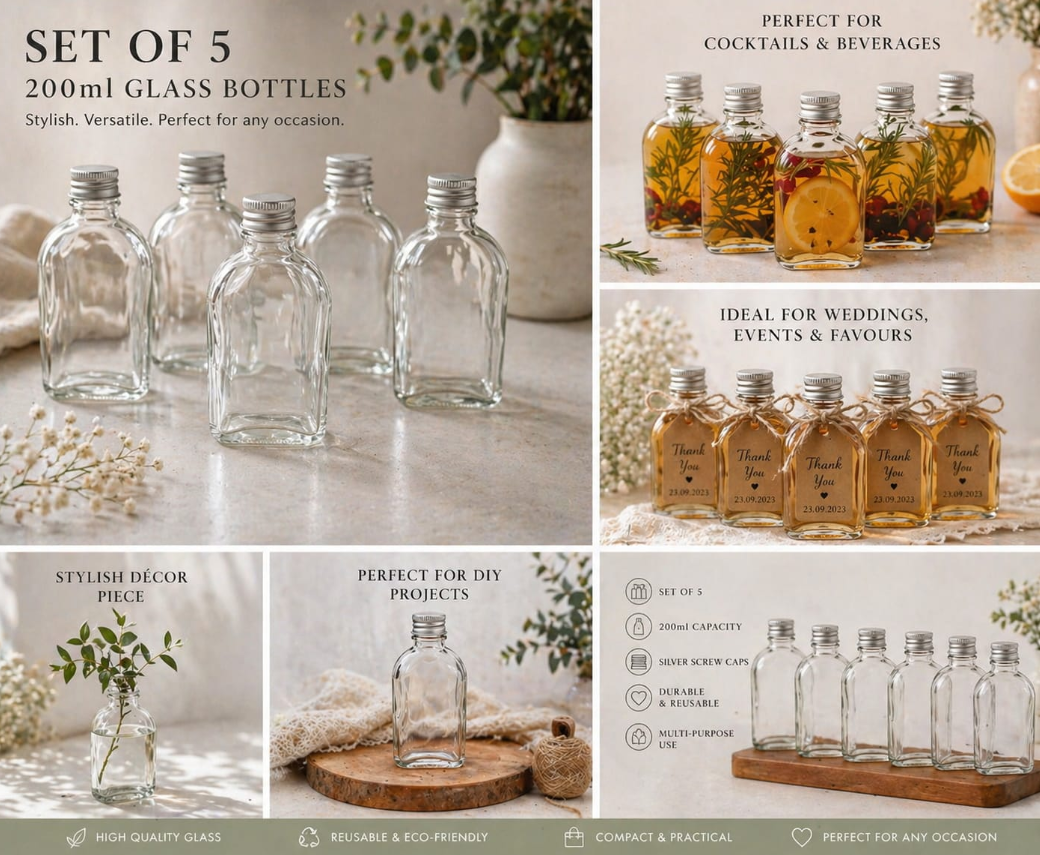 Glass Bottles with Silver Caps 200ml - Set of 5