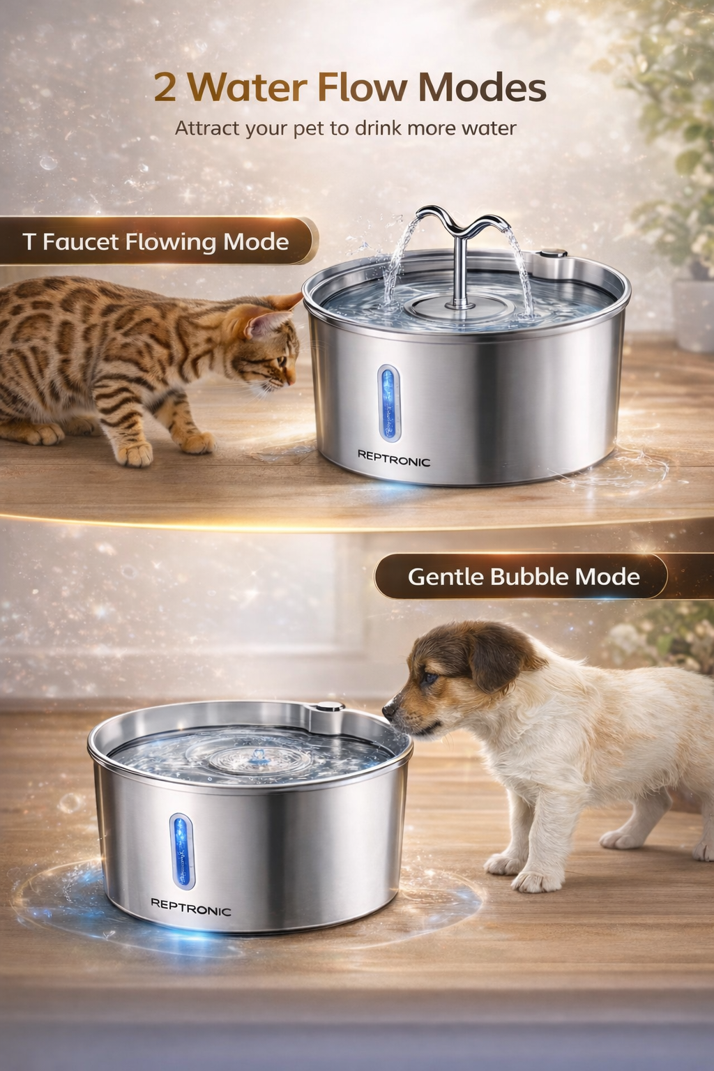 Reptronic Stainless Steel Large Pet Fountain with Water Level Window - 7L