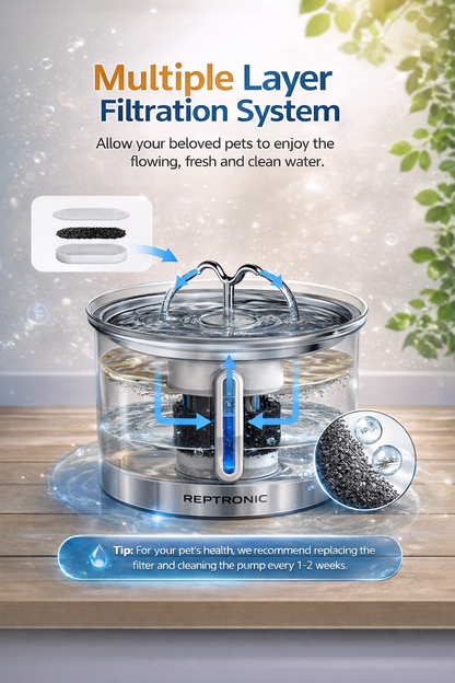 Reptronic Stainless Steel Large Pet Fountain with Water Level Window - 7L
