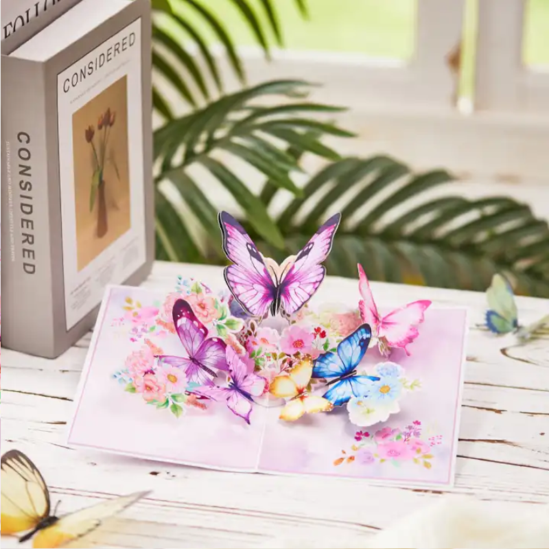 Colorful Butterflies and flowers Pop up 3D card with envelope