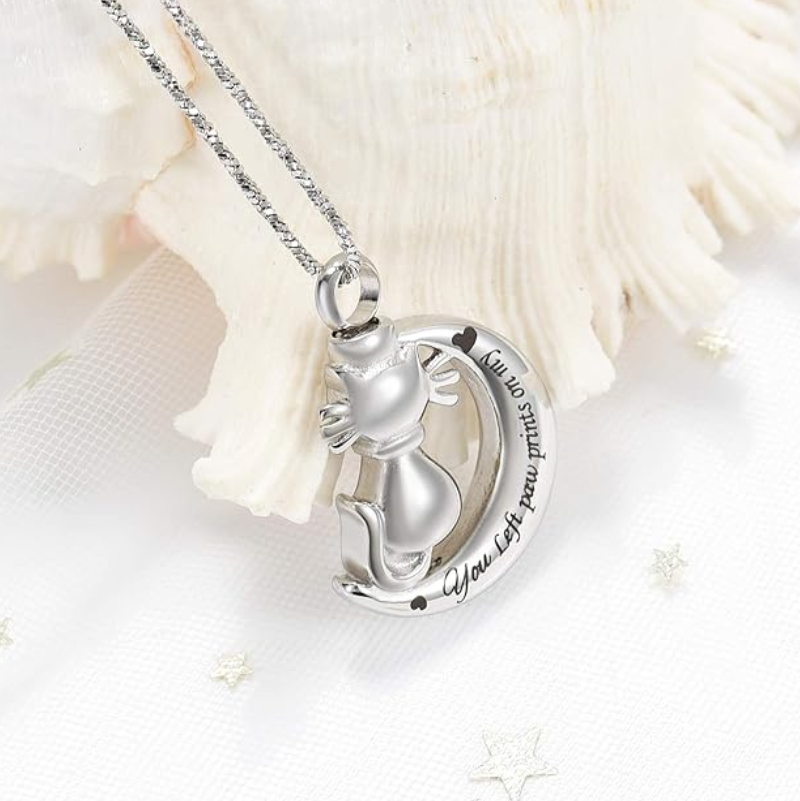 Memorial Pendant - Cat On The Moon: You Left Paw Prints On My Heart