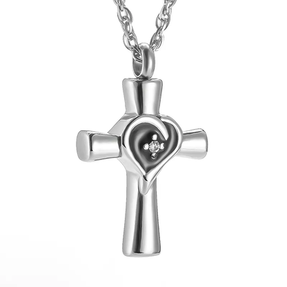 Memorial Pendant - Silver Cross, Black Heart, Zirconia Stone In The Middle