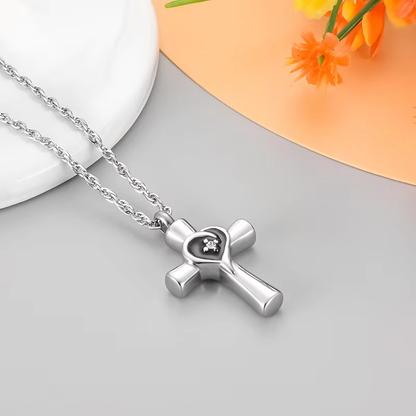 Memorial Pendant - Silver Cross, Black Heart, Zirconia Stone In The Middle