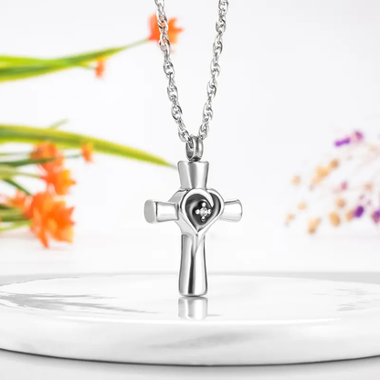 Memorial Pendant - Silver Cross, Black Heart, Zirconia Stone In The Middle