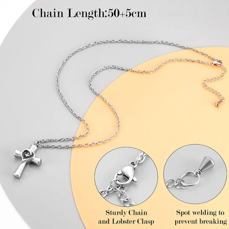 Memorial Pendant - Silver Cross, Black Heart, Zirconia Stone In The Middle