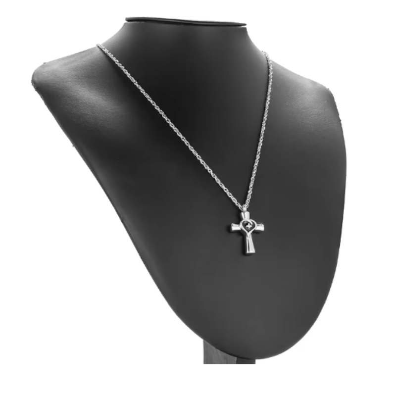 Memorial Pendant - Silver Cross, Black Heart, Zirconia Stone In The Middle