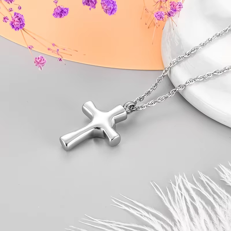 Memorial Pendant - Silver Cross, Black Heart, Zirconia Stone In The Middle