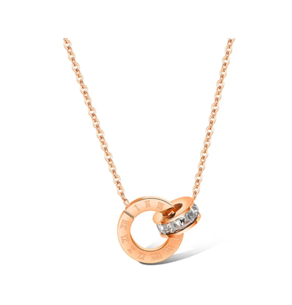 Stainless Steel Interlocking Roman Numeral Necklace - Rose Gold Plated