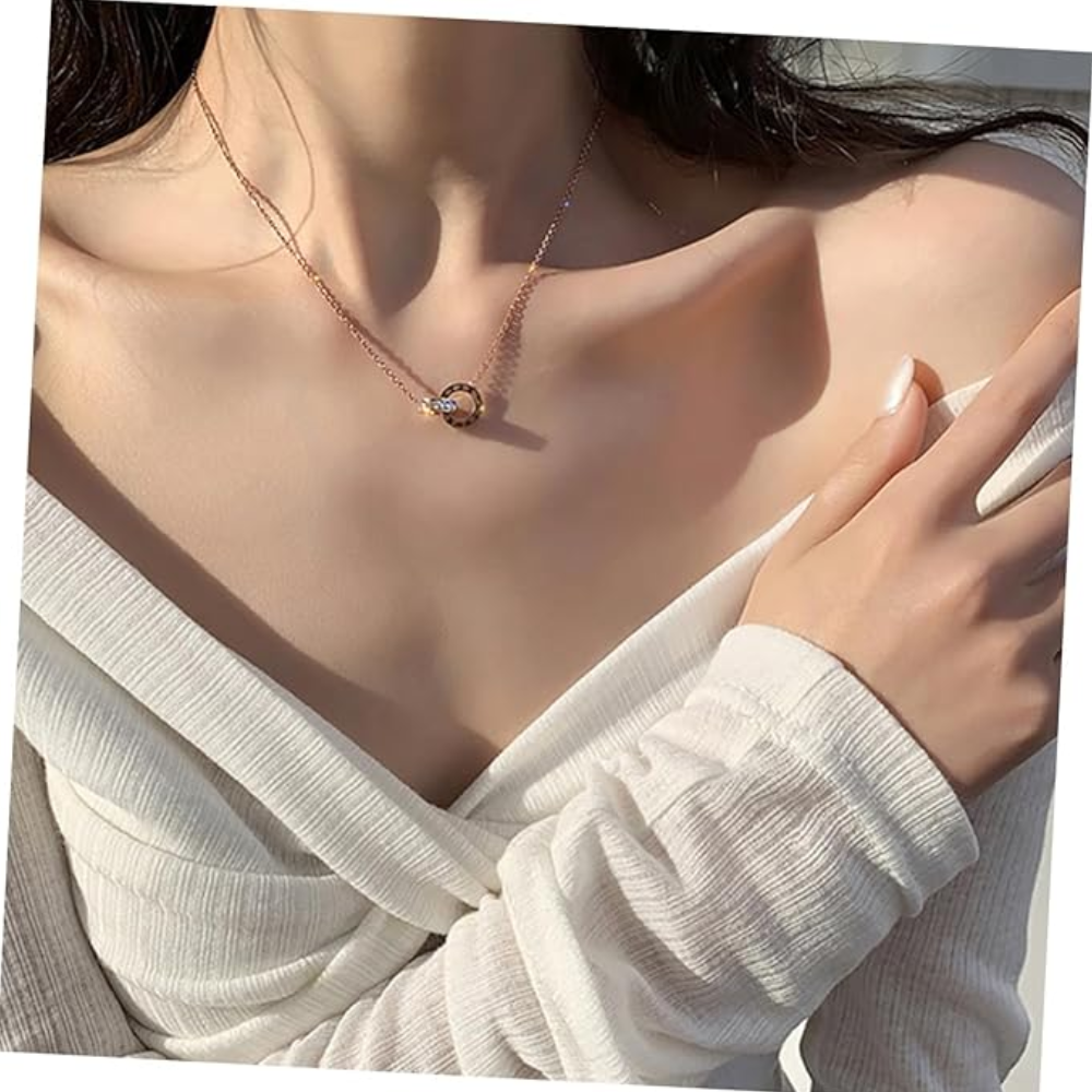 Stainless Steel Interlocking Roman Numeral Necklace - Rose Gold Plated