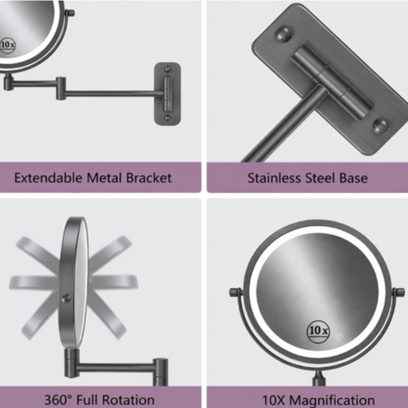 Reptronic Two sided LED Wall Mounted mirror Brush Dark Grey: X10 Magnifying