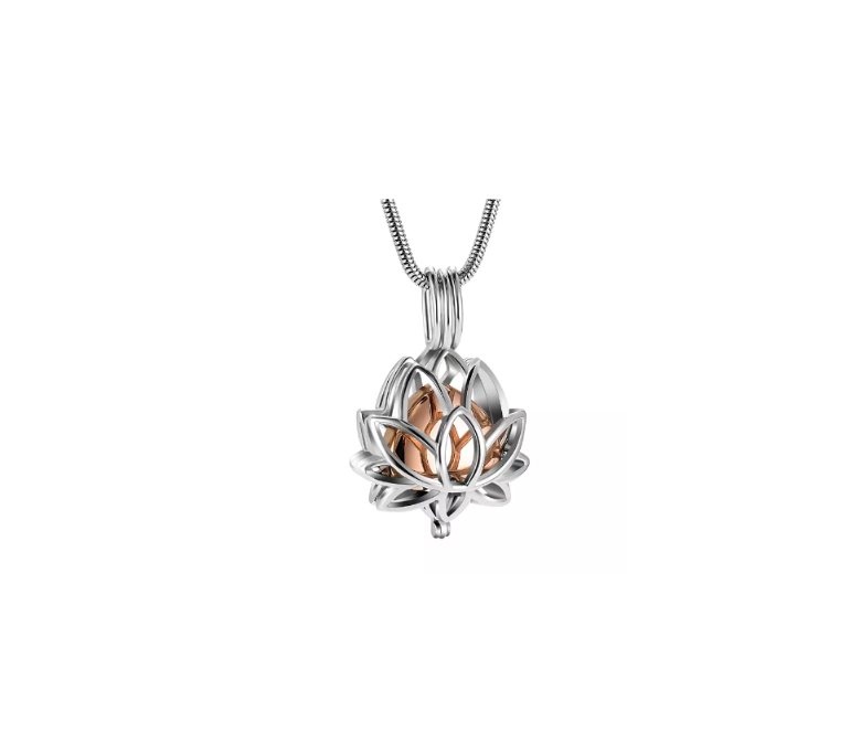 Memorial Safe Keeping Pendant - Lotus Flower With Rose Gold Heart Locket