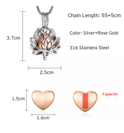 Memorial Safe Keeping Pendant - Lotus Flower With Rose Gold Heart Locket