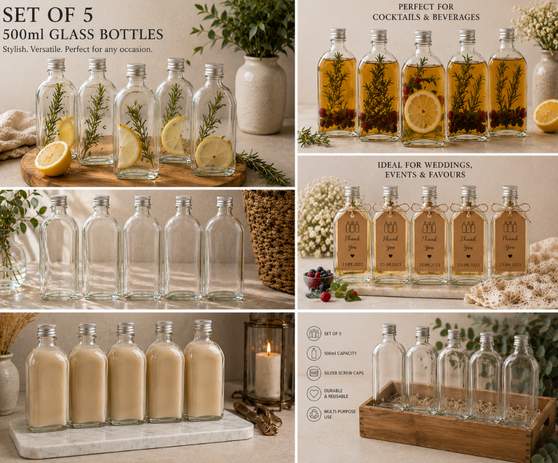 Glass Bottles with Silver Caps 500ml - Set of 5