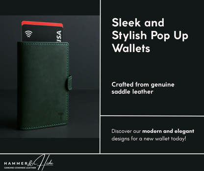 Hammer&Hide Genuine Saddle Leather Pop Up Wallet-Dark Green with Black Aluminum case - Unisex
