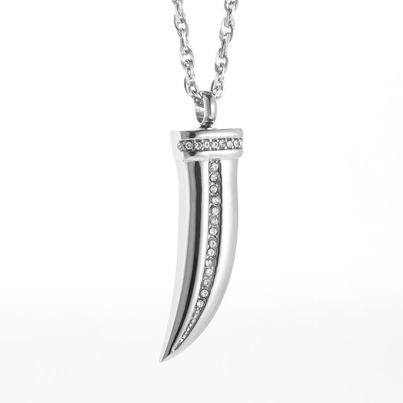 Memorial Safe Keeping Pendant - SS Silver Cubic Zirconia Horn/Tooth Shape