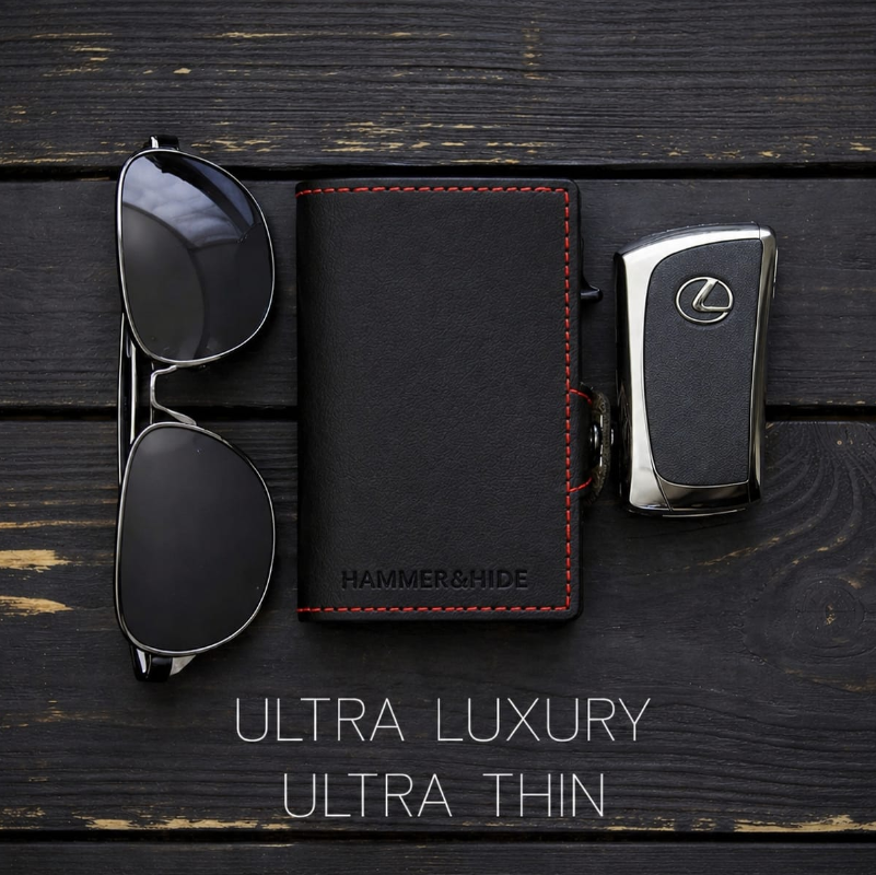 Reptronic Genuine Saddle Leather Pop-up Wallet - Black with Red Aluminum case with Red stitching