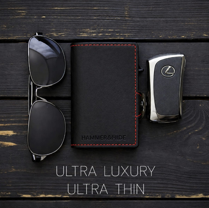 Reptronic Genuine Saddle Leather Pop-up Wallet - Black with Red Aluminum case with Red stitching