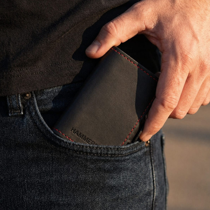 Reptronic Genuine Saddle Leather Pop-up Wallet - Black with Red Aluminum case with Red stitching