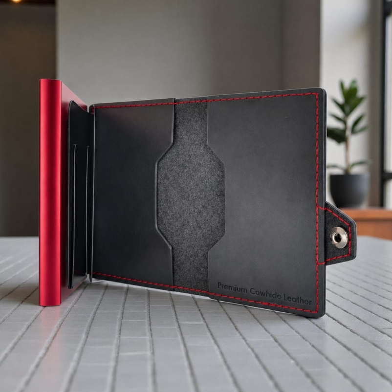 Reptronic Genuine Saddle Leather Pop-up Wallet - Black with Red Aluminum case with Red stitching