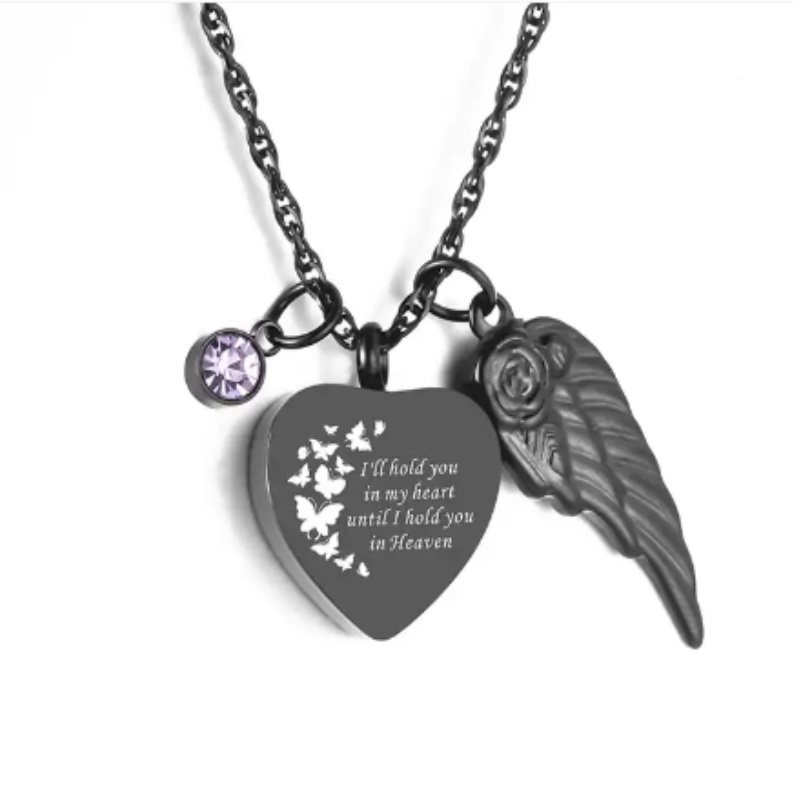 Memorial Safe Keeping Pendant - Stainless Steel Black Heart with Birthstone