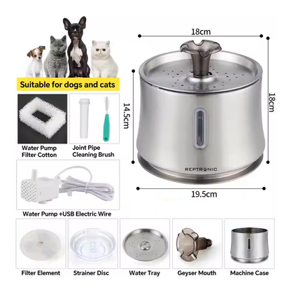 Reptronic Stainless Steel Pet Fountain with Water Level Window- 2.5L