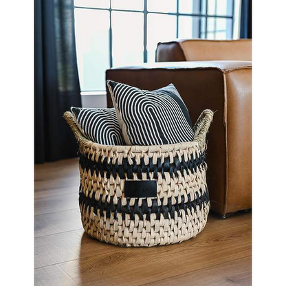 Zuri Handwoven Storage Basket with Handles - Natural Brown and Black