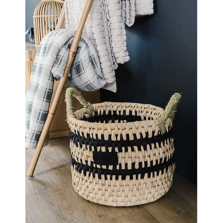 Zuri Handwoven Storage Basket with Handles - Natural Brown and Black