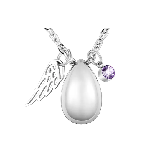 Memorial Safe Keeping Pendant -Water drop with Angel wing and Birthstones