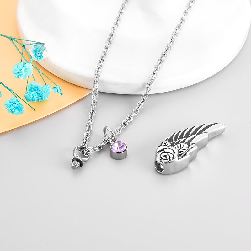 Memorial Safe Keeping Pendant - Angel Wing/Rose with 12 Birthstones